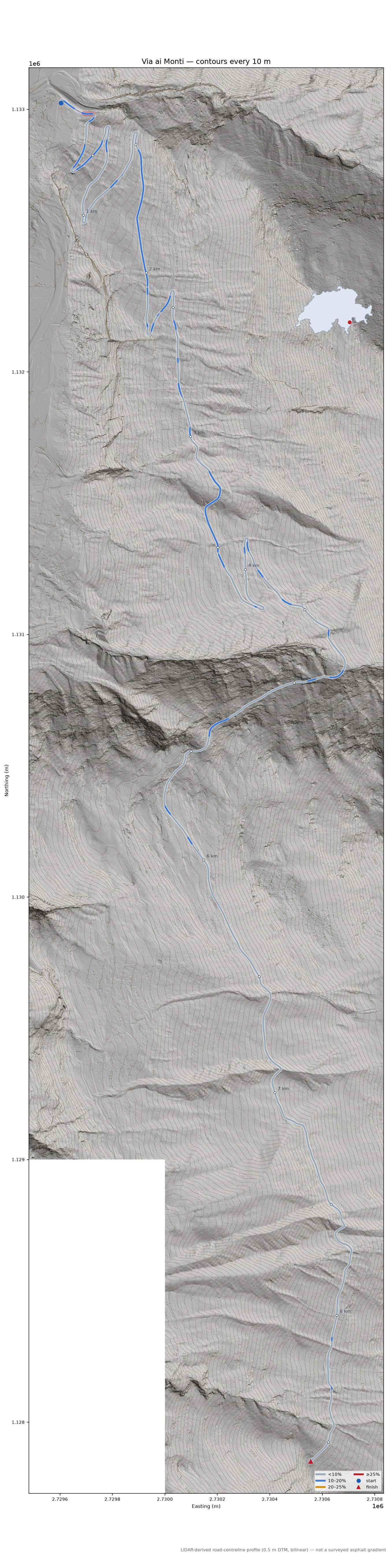 Via ai Monti LiDAR hillshade map with contours