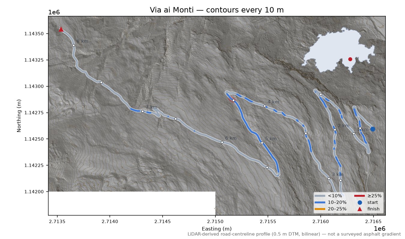 Via ai Monti LiDAR hillshade map with contours