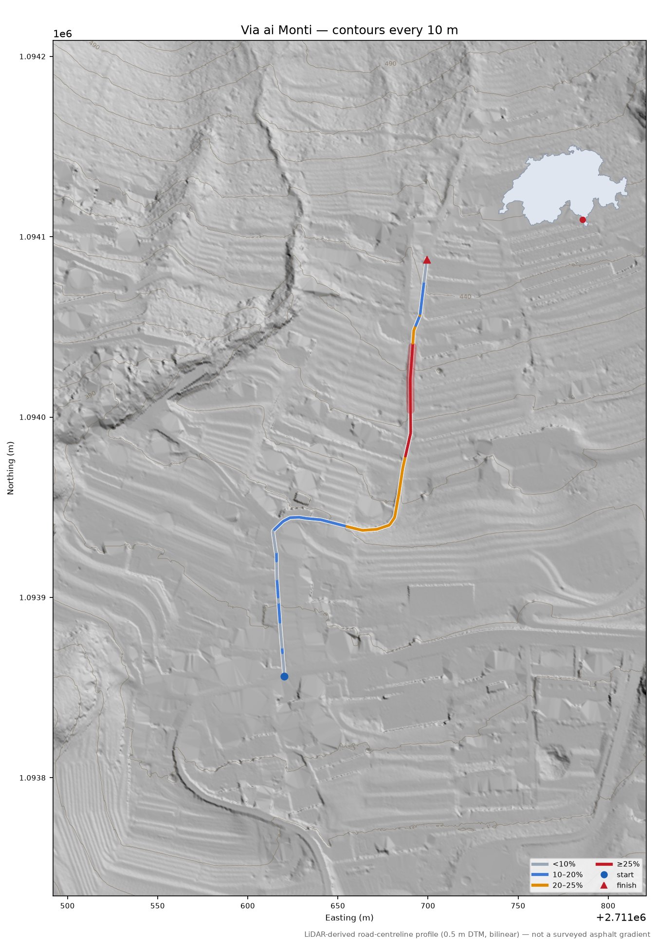 Via ai Monti LiDAR hillshade map with contours