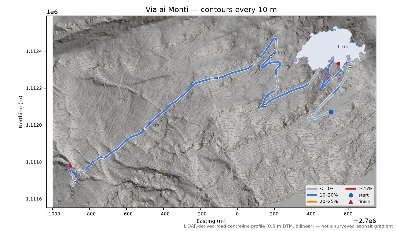 Via ai Monti LiDAR hillshade map with contours