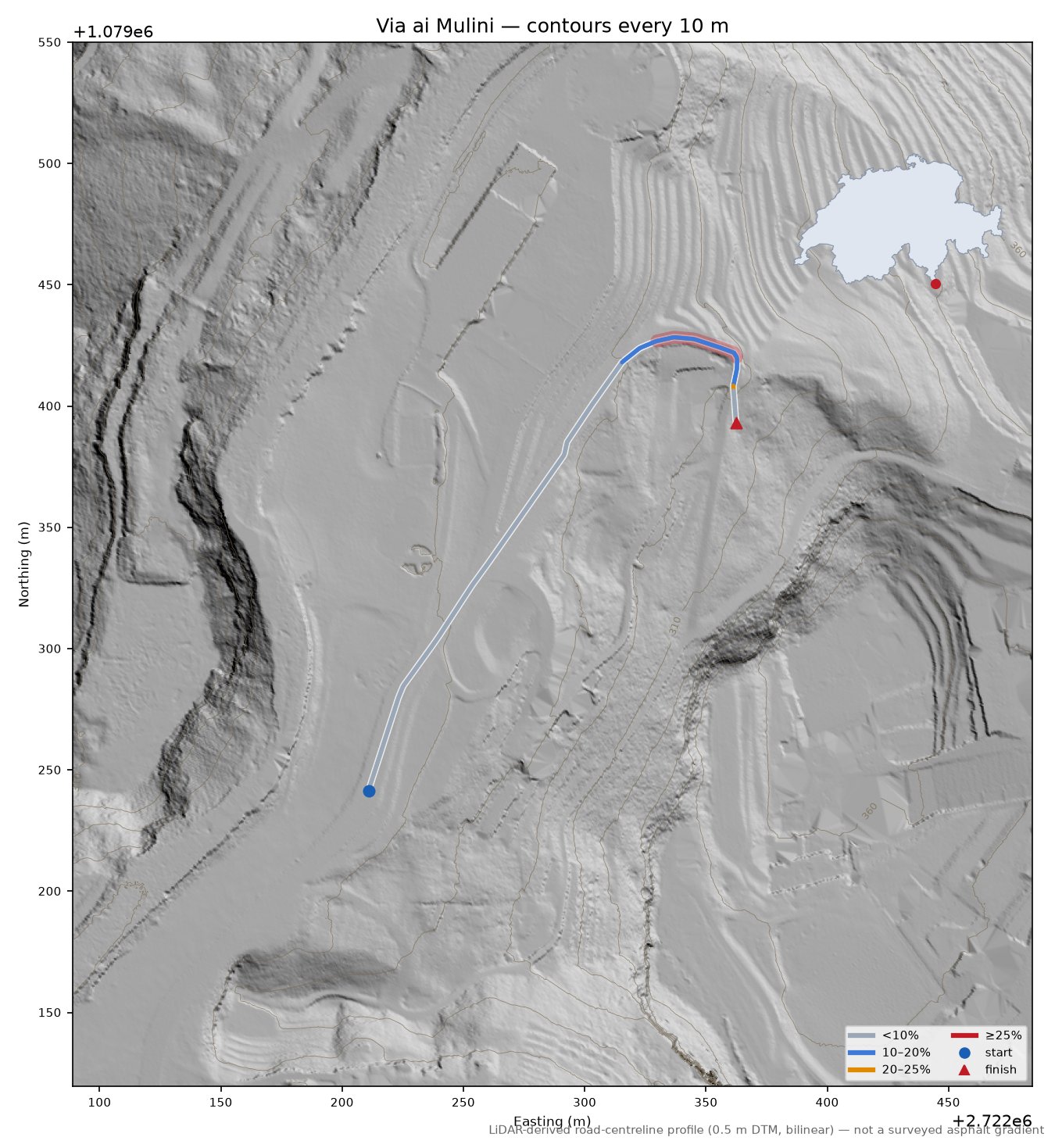 Via ai Mulini LiDAR hillshade map with contours