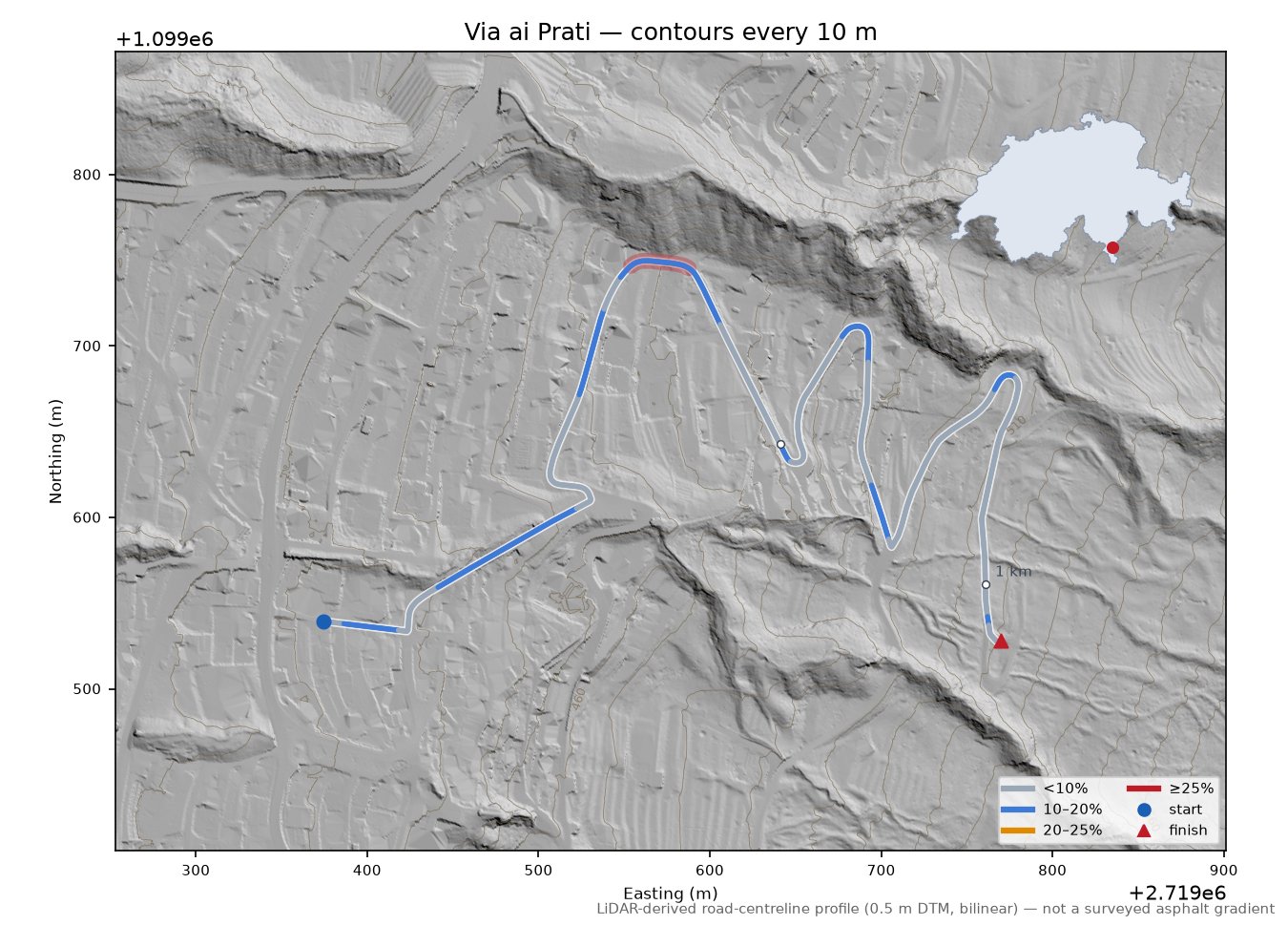 Via ai Prati LiDAR hillshade map with contours