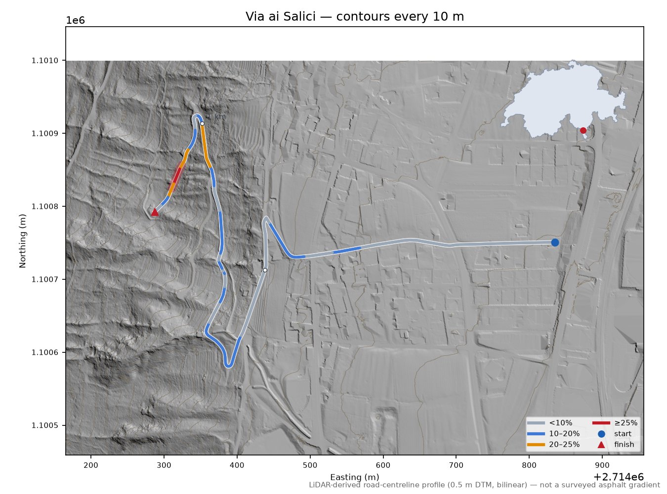 Via ai Salici LiDAR hillshade map with contours