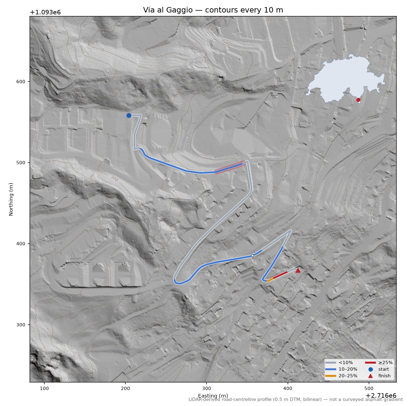 Via al Gaggio LiDAR hillshade map with contours
