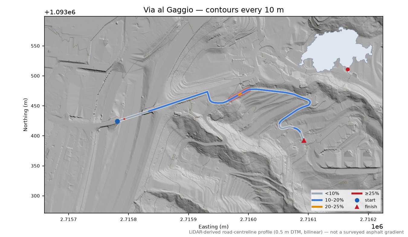 Via al Gaggio LiDAR hillshade map with contours