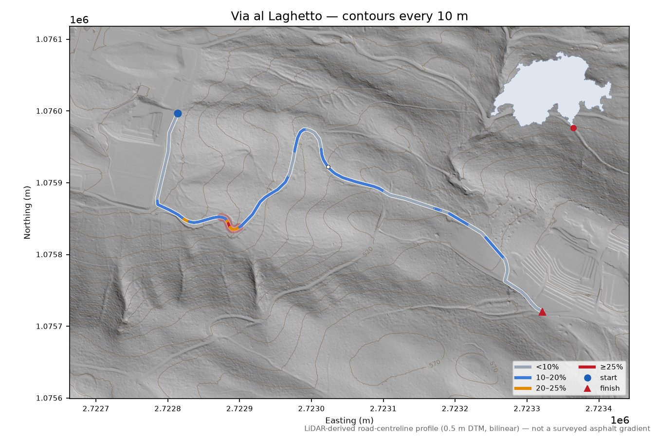 Via al Laghetto LiDAR hillshade map with contours