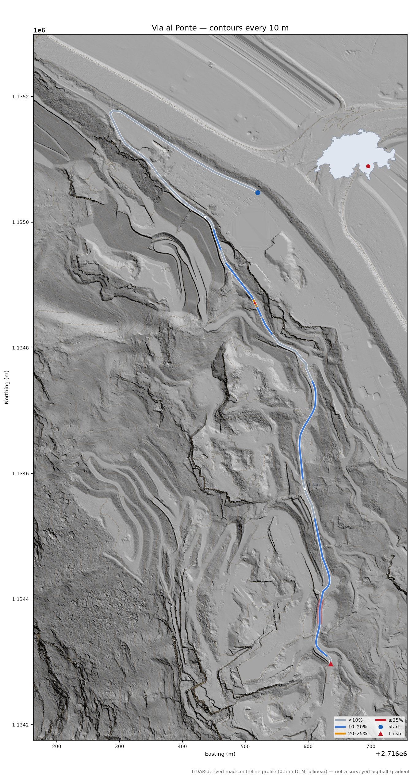 Via al Ponte LiDAR hillshade map with contours