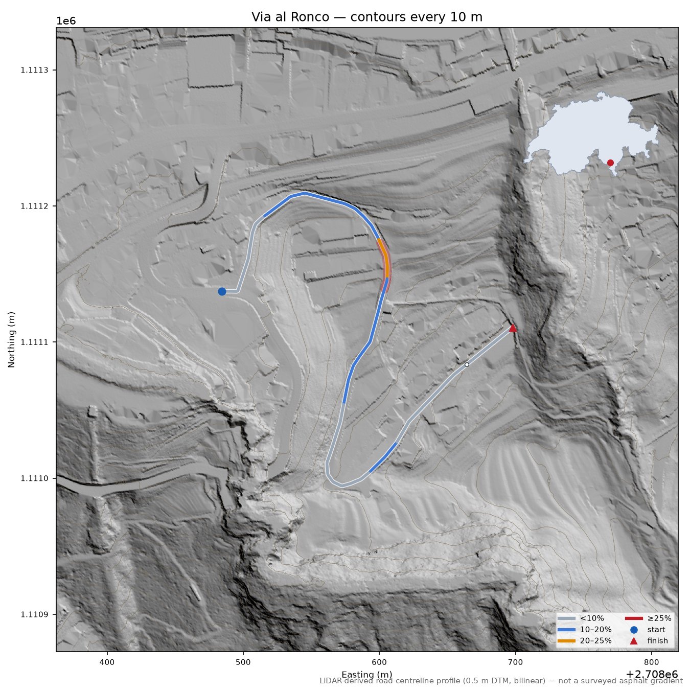 Via al Ronco LiDAR hillshade map with contours