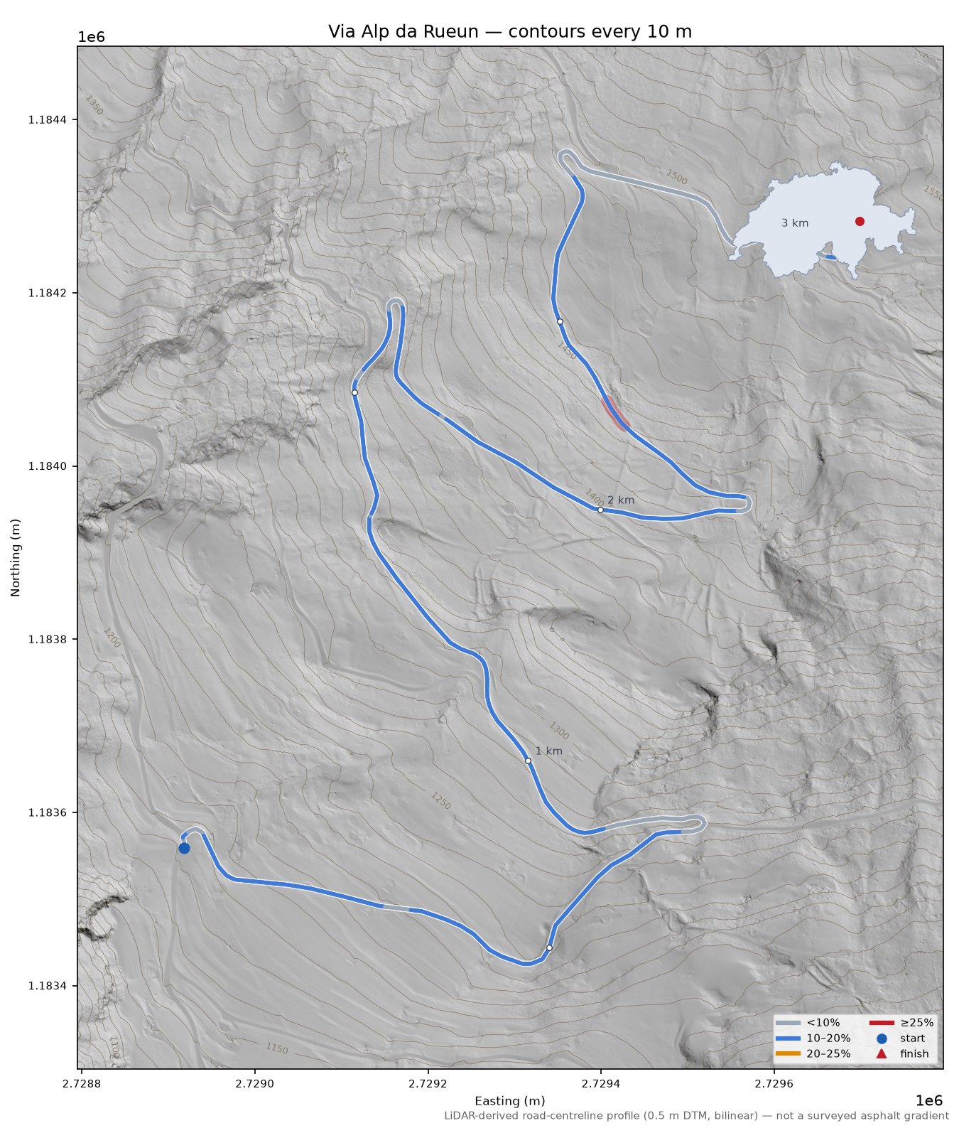 Via Alp da Rueun LiDAR hillshade map with contours