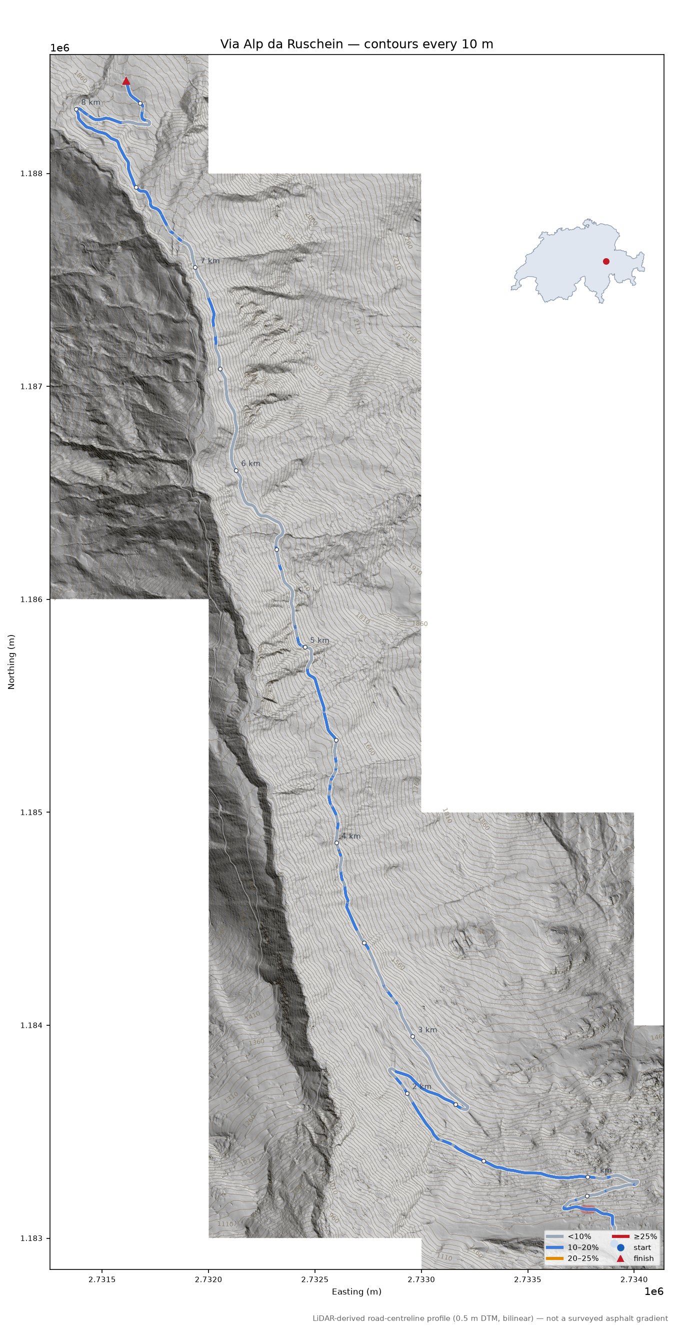Via Alp da Ruschein LiDAR hillshade map with contours