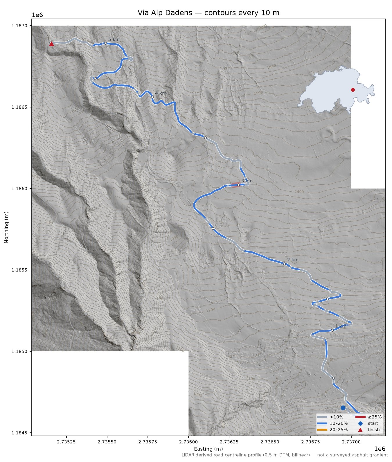 Via Alp Dadens LiDAR hillshade map with contours