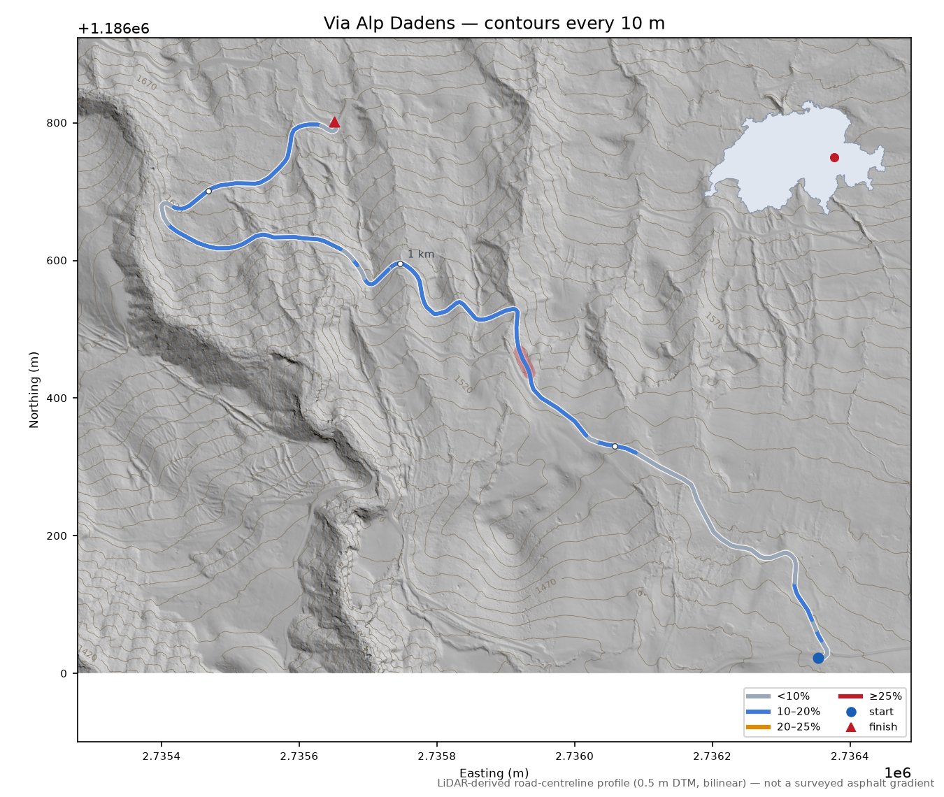 Via Alp Dadens LiDAR hillshade map with contours