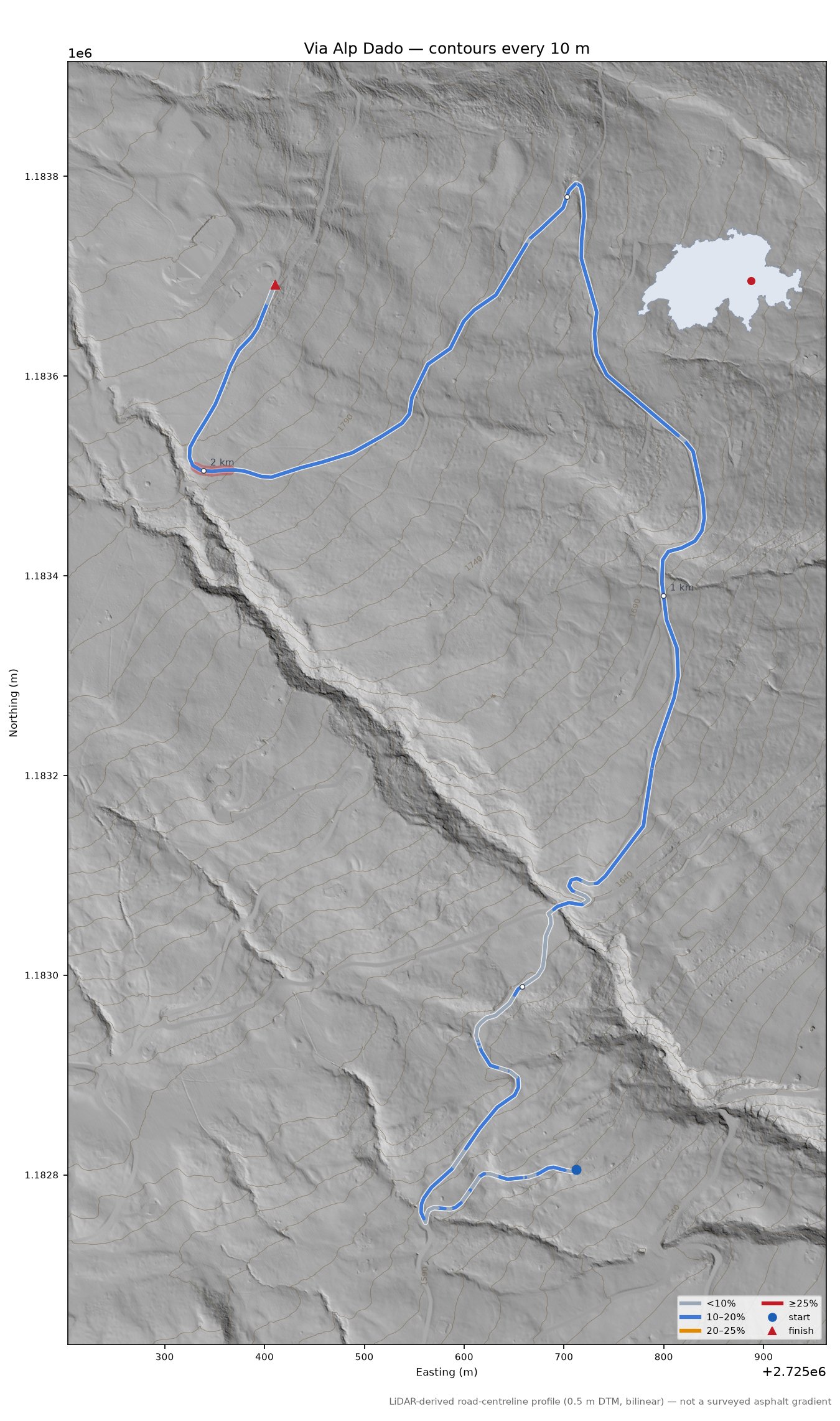 Via Alp Dado LiDAR hillshade map with contours