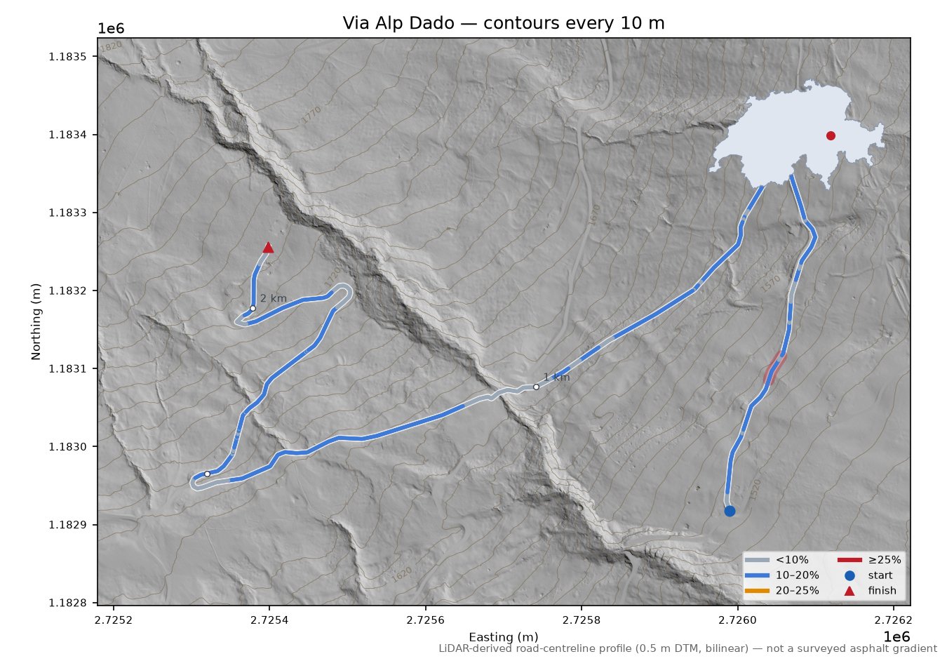 Via Alp Dado LiDAR hillshade map with contours