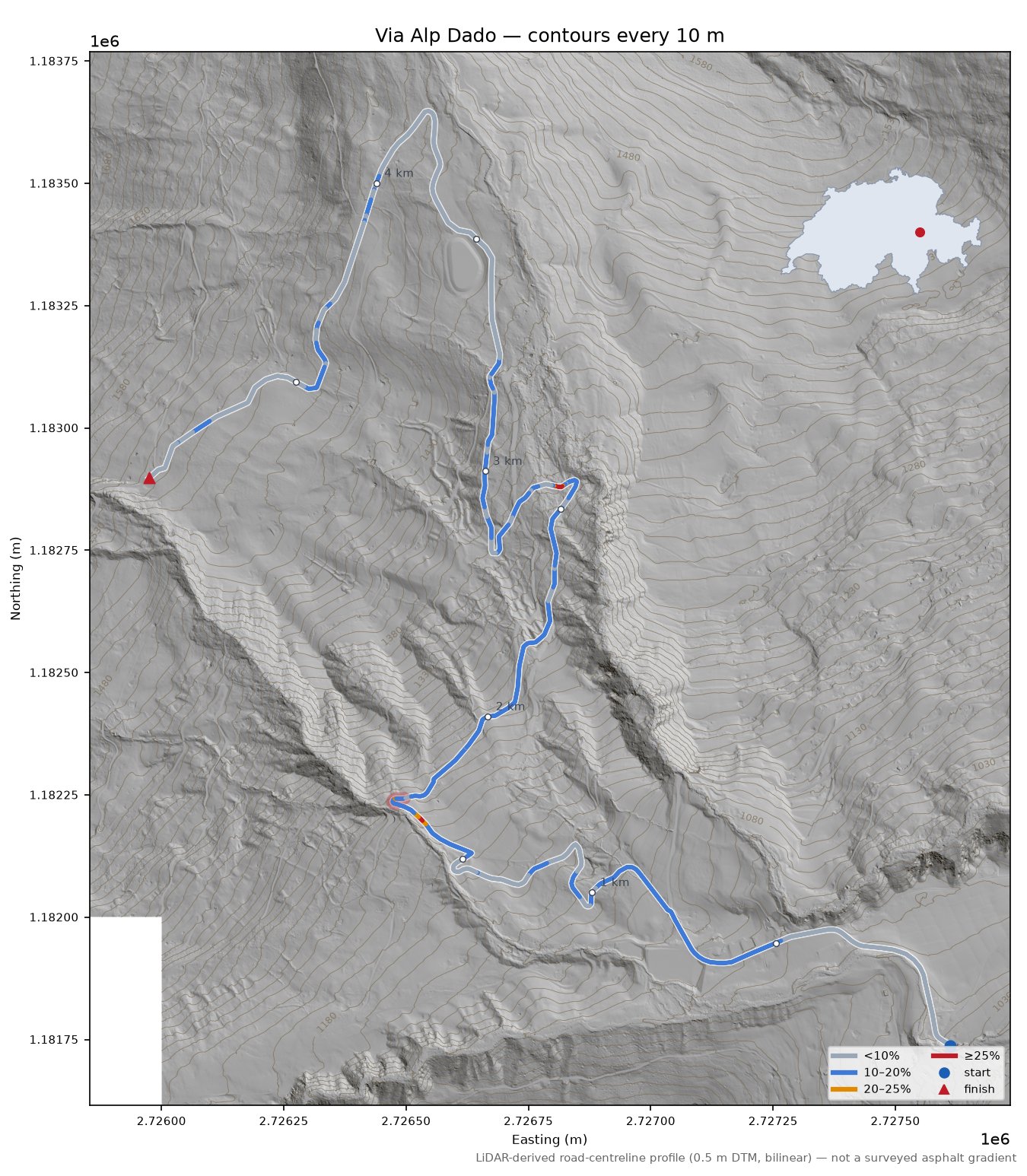 Via Alp Dado LiDAR hillshade map with contours