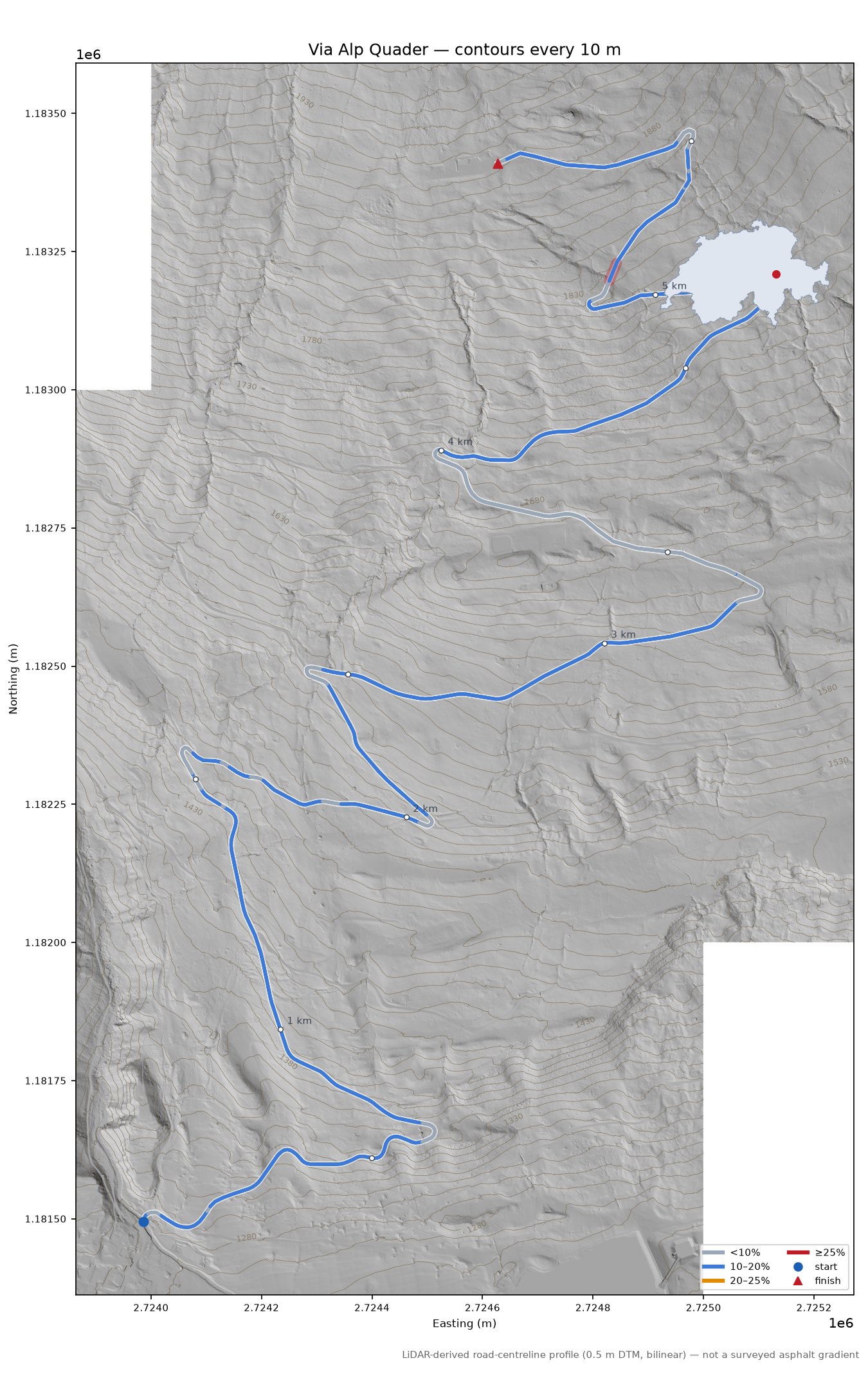 Via Alp Quader LiDAR hillshade map with contours