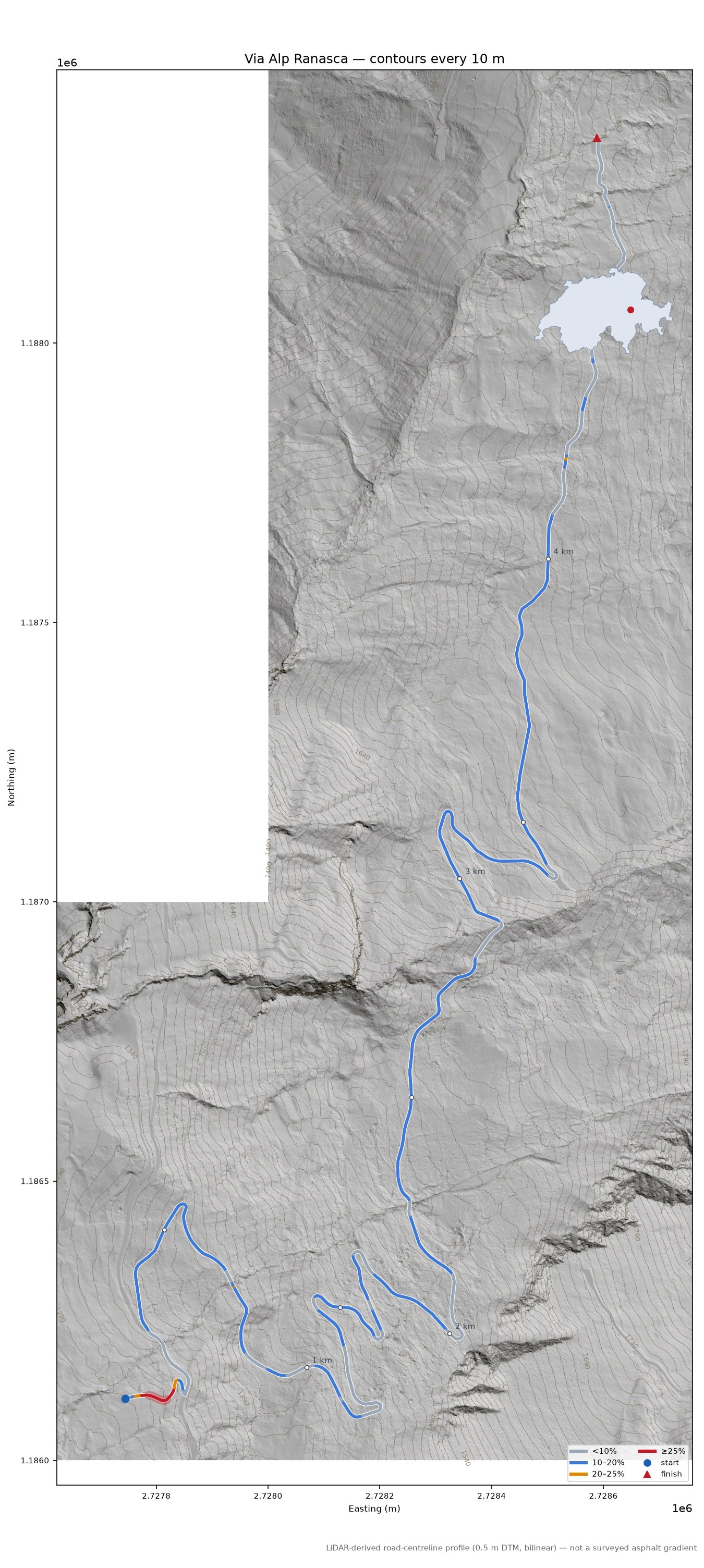 Via Alp Ranasca LiDAR hillshade map with contours