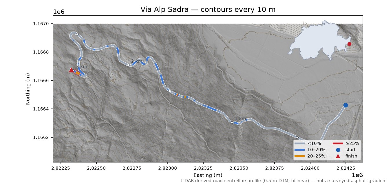 Via Alp Sadra LiDAR hillshade map with contours