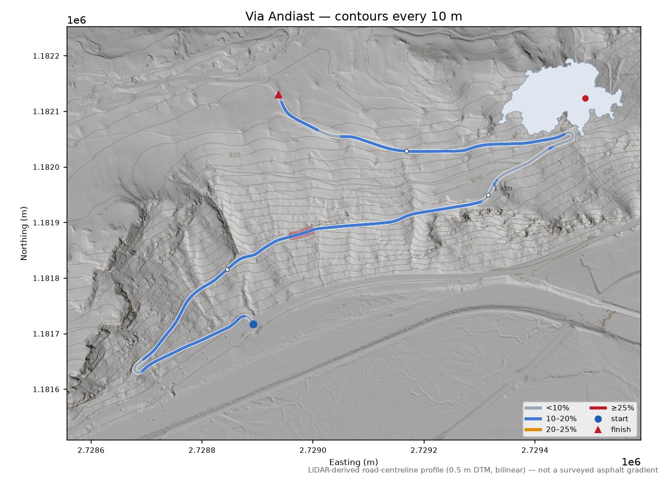 Via Andiast LiDAR hillshade map with contours