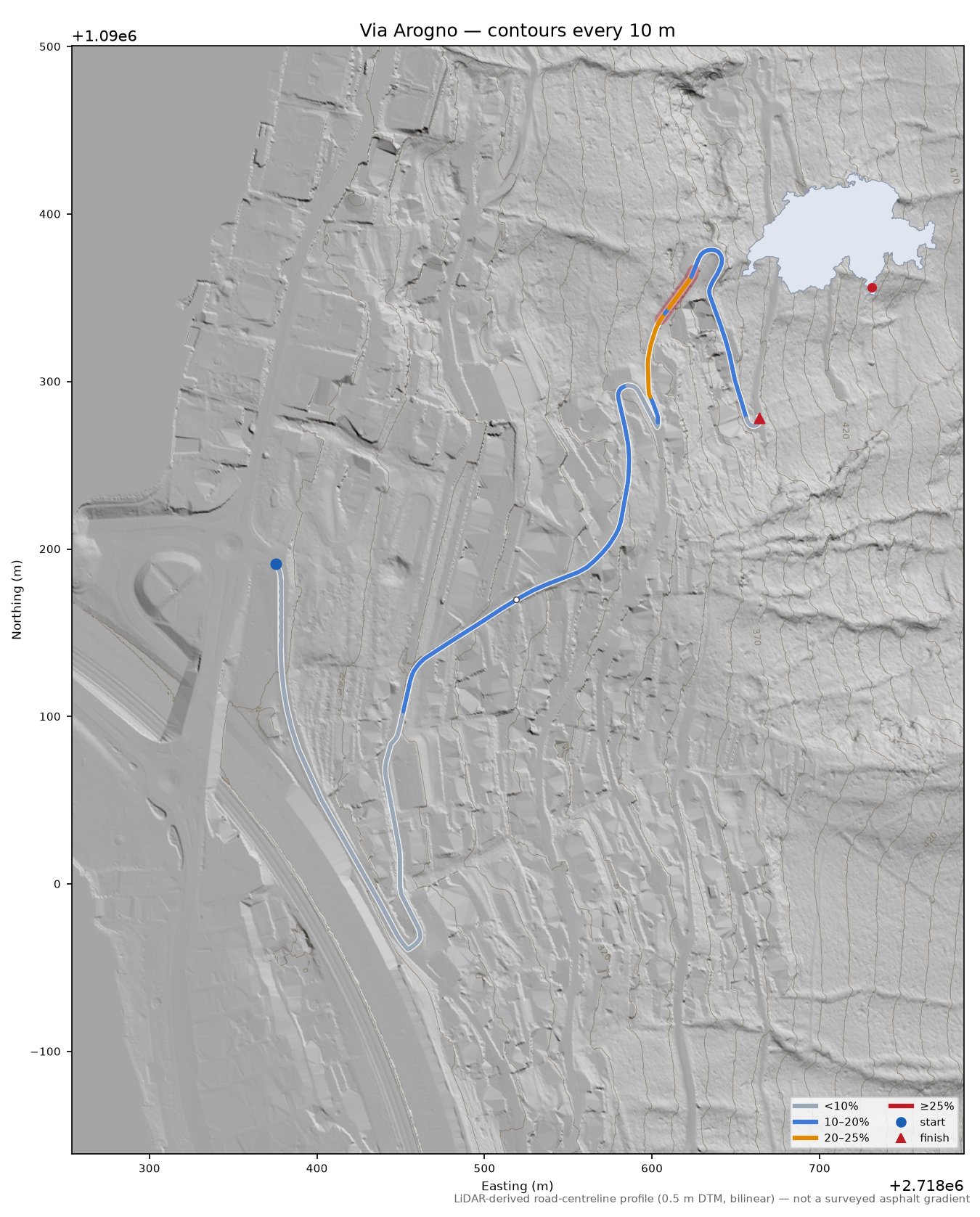 Via Arogno LiDAR hillshade map with contours