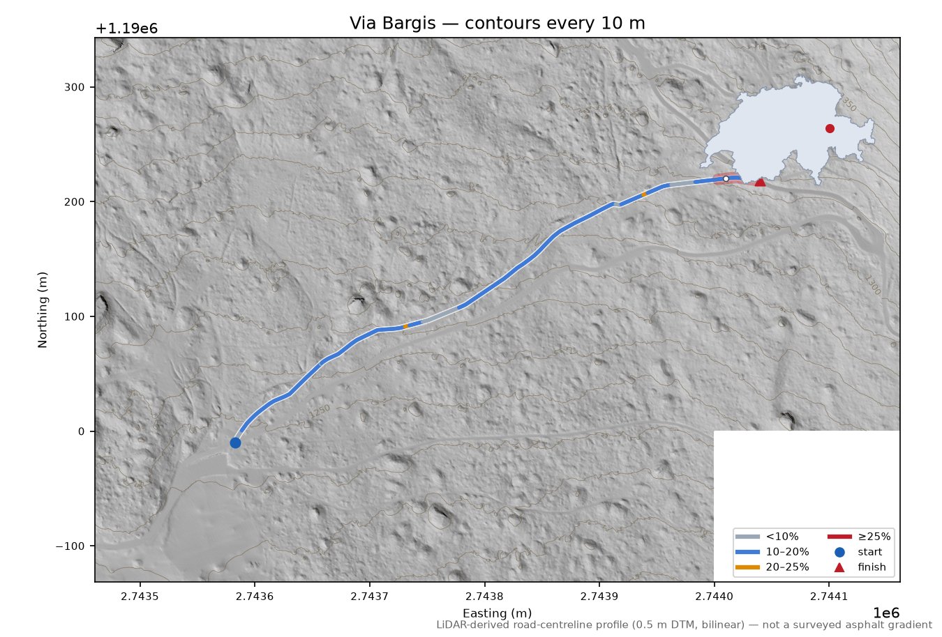 Via Bargis LiDAR hillshade map with contours