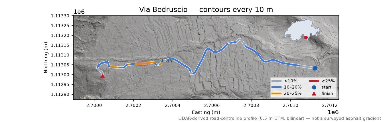 Via Bedruscio LiDAR hillshade map with contours