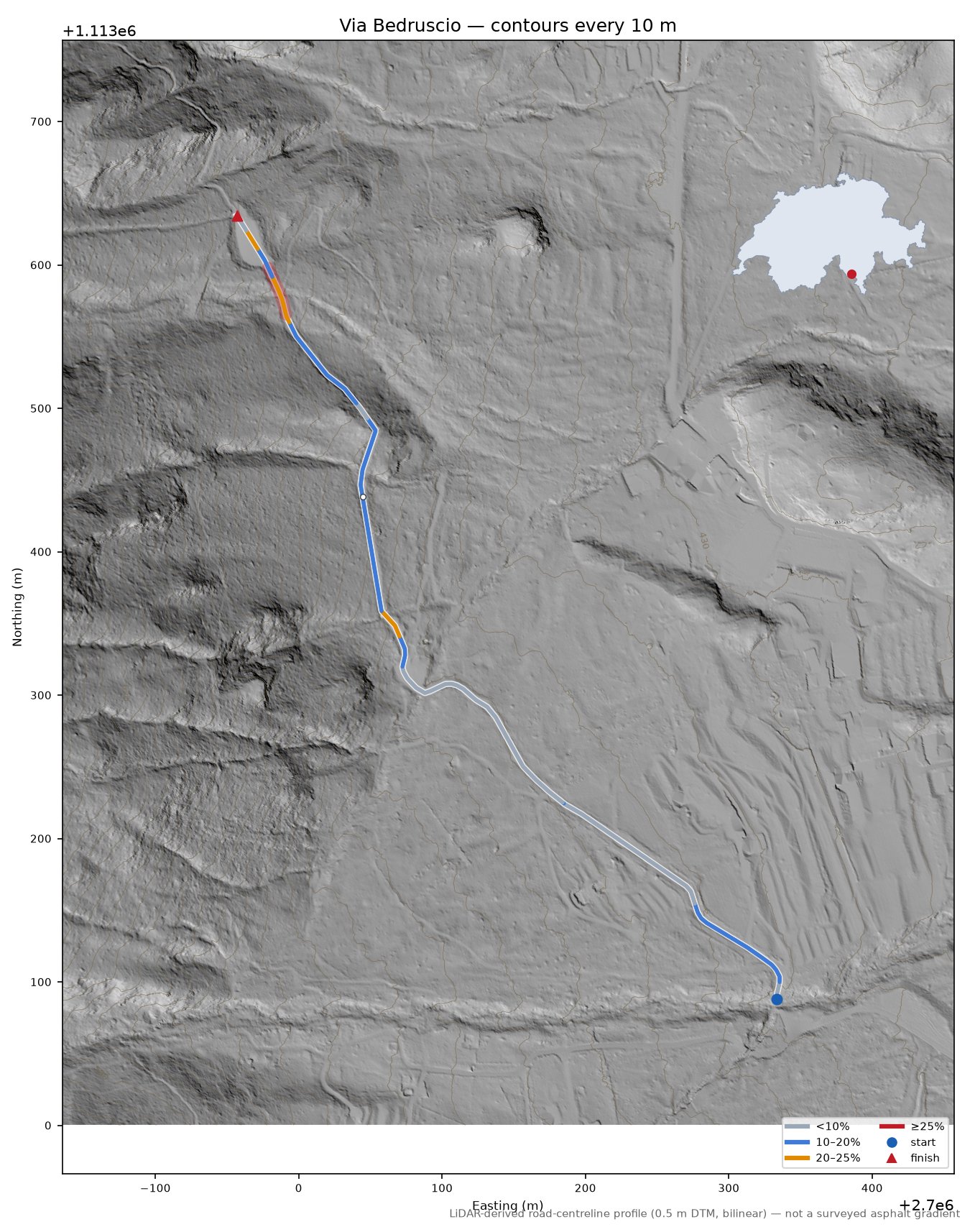 Via Bedruscio LiDAR hillshade map with contours