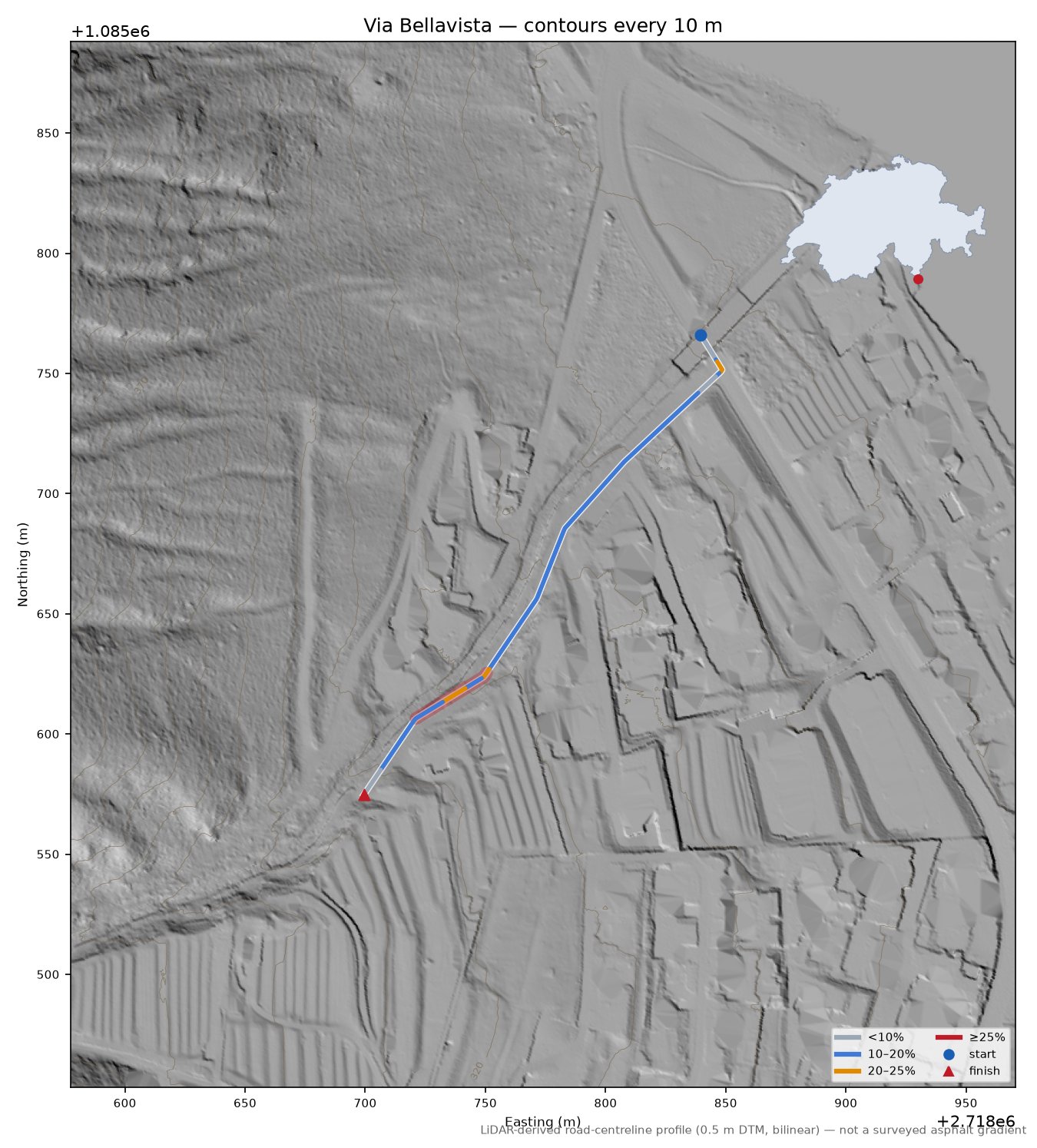 Via Bellavista LiDAR hillshade map with contours