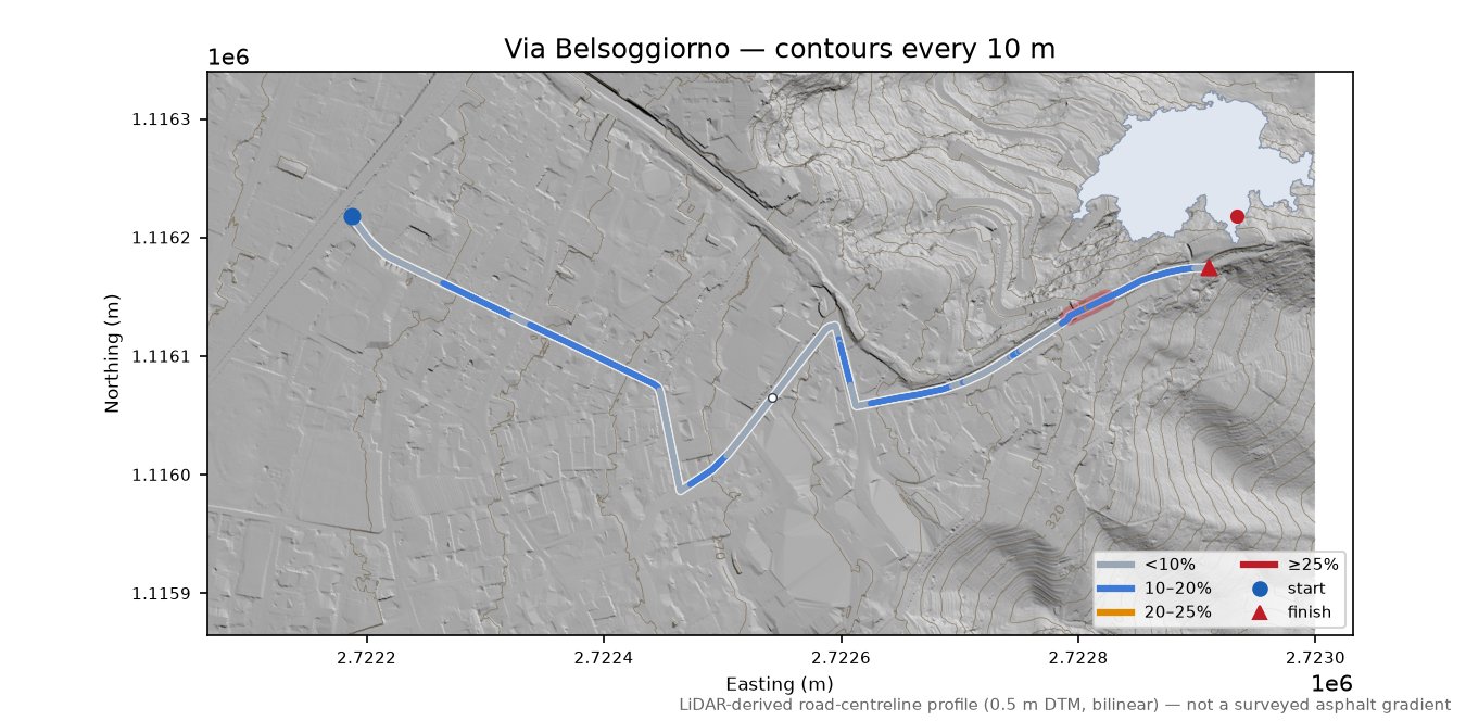 Via Belsoggiorno LiDAR hillshade map with contours