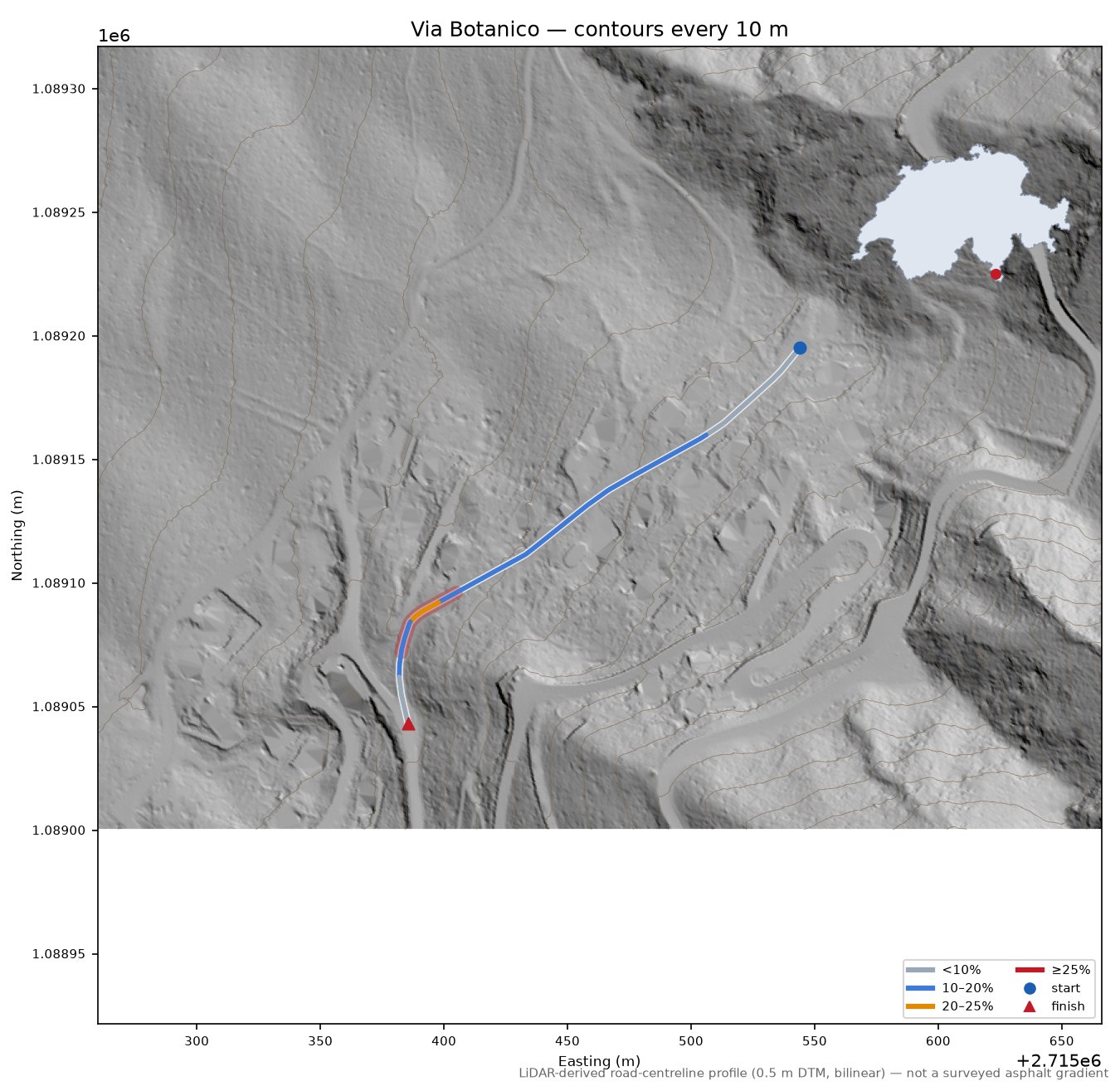 Via Botanico LiDAR hillshade map with contours