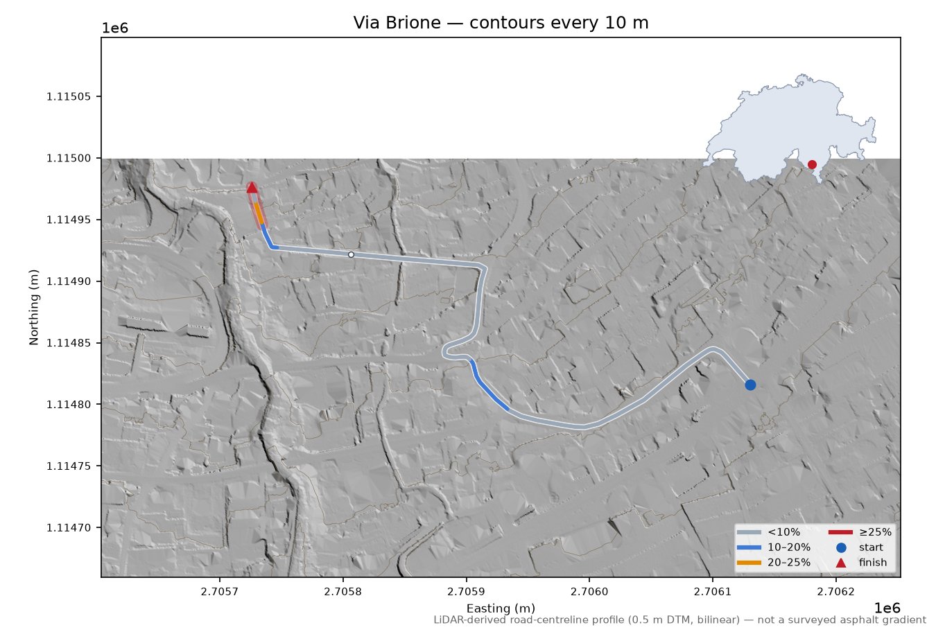 Via Brione LiDAR hillshade map with contours
