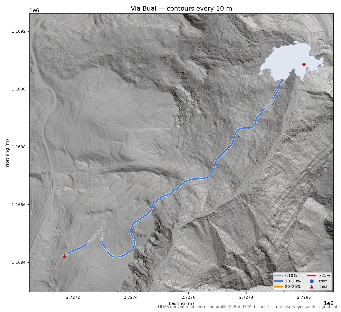 Via Bual LiDAR hillshade map with contours