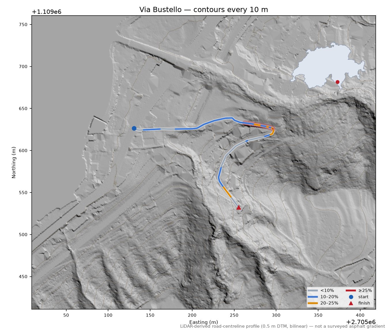 Via Bustello LiDAR hillshade map with contours