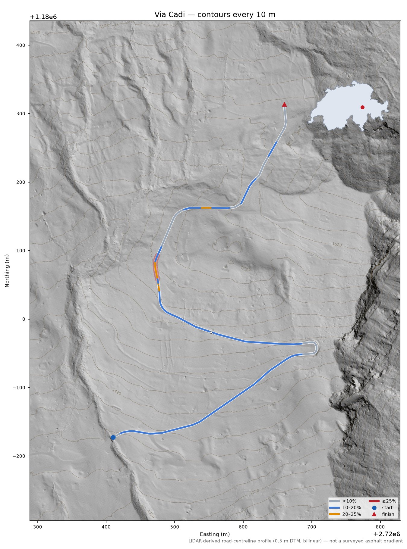 Via Cadi LiDAR hillshade map with contours