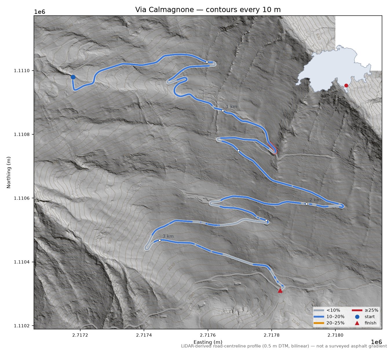 Via Calmagnone LiDAR hillshade map with contours