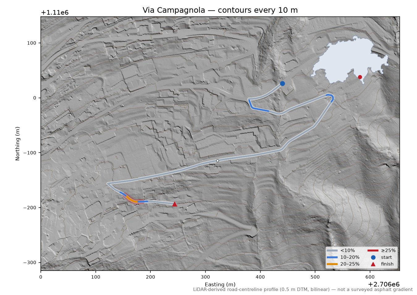 Via Campagnola LiDAR hillshade map with contours