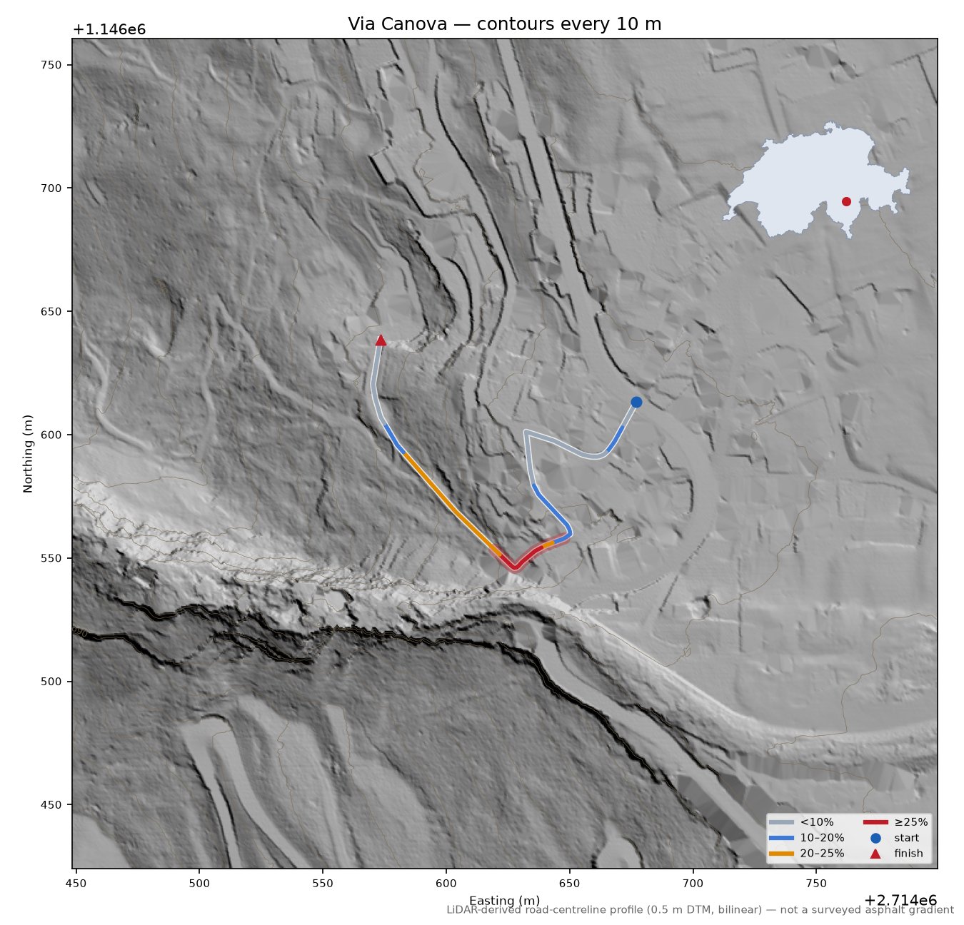 Via Canova LiDAR hillshade map with contours