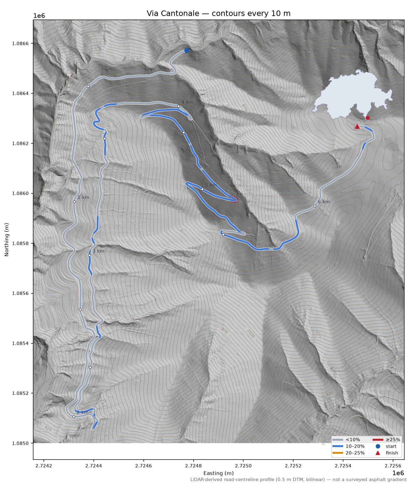 Via Cantonale LiDAR hillshade map with contours