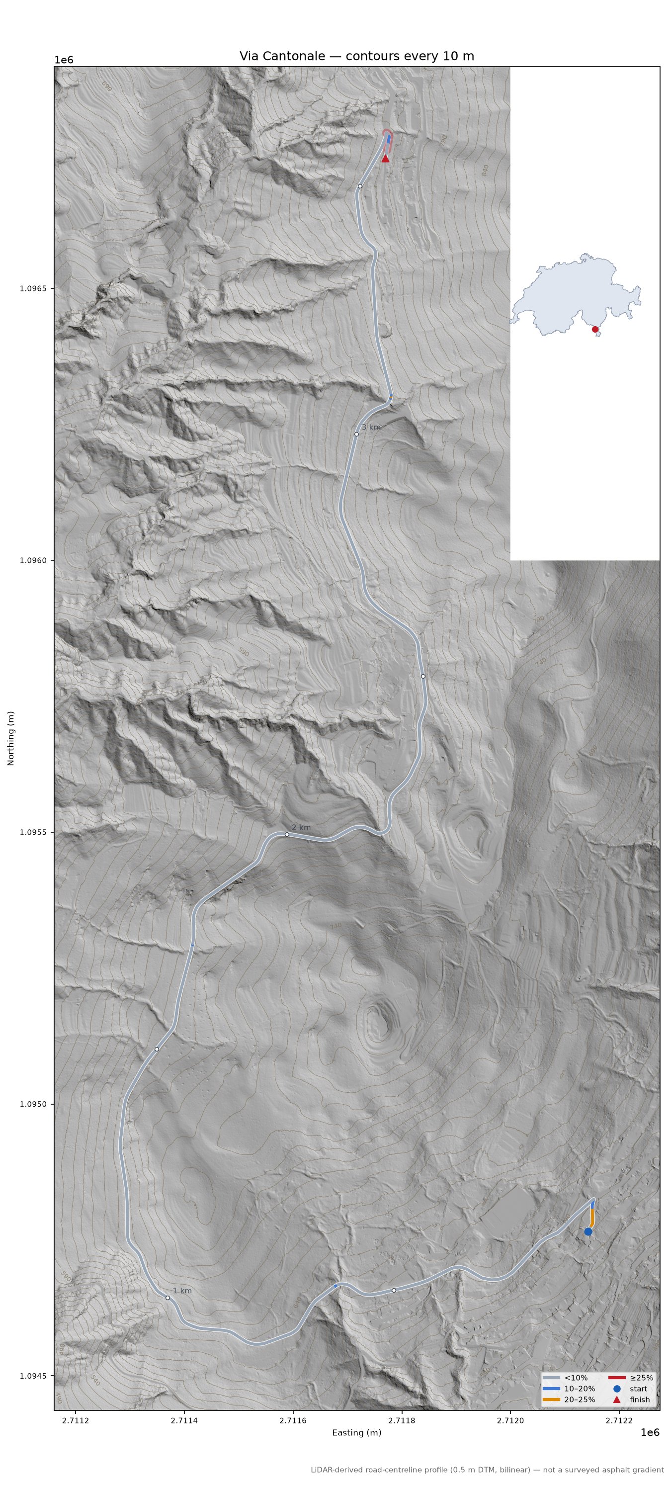 Via Cantonale LiDAR hillshade map with contours