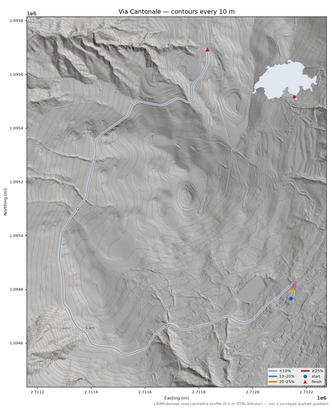 Via Cantonale LiDAR hillshade map with contours