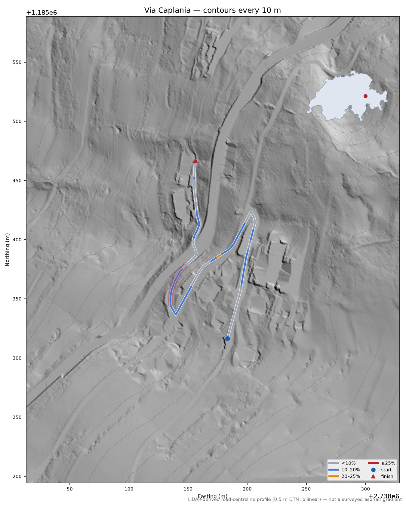 Via Caplania LiDAR hillshade map with contours