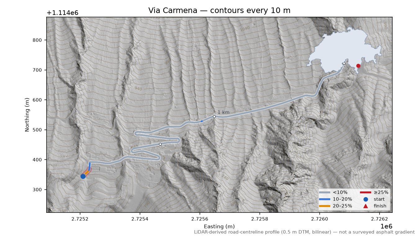 Via Carmena LiDAR hillshade map with contours