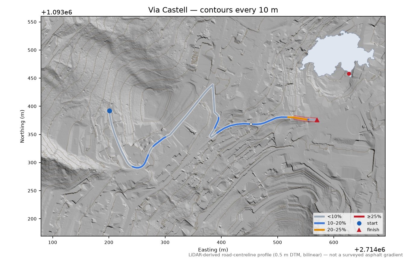 Via Castell LiDAR hillshade map with contours