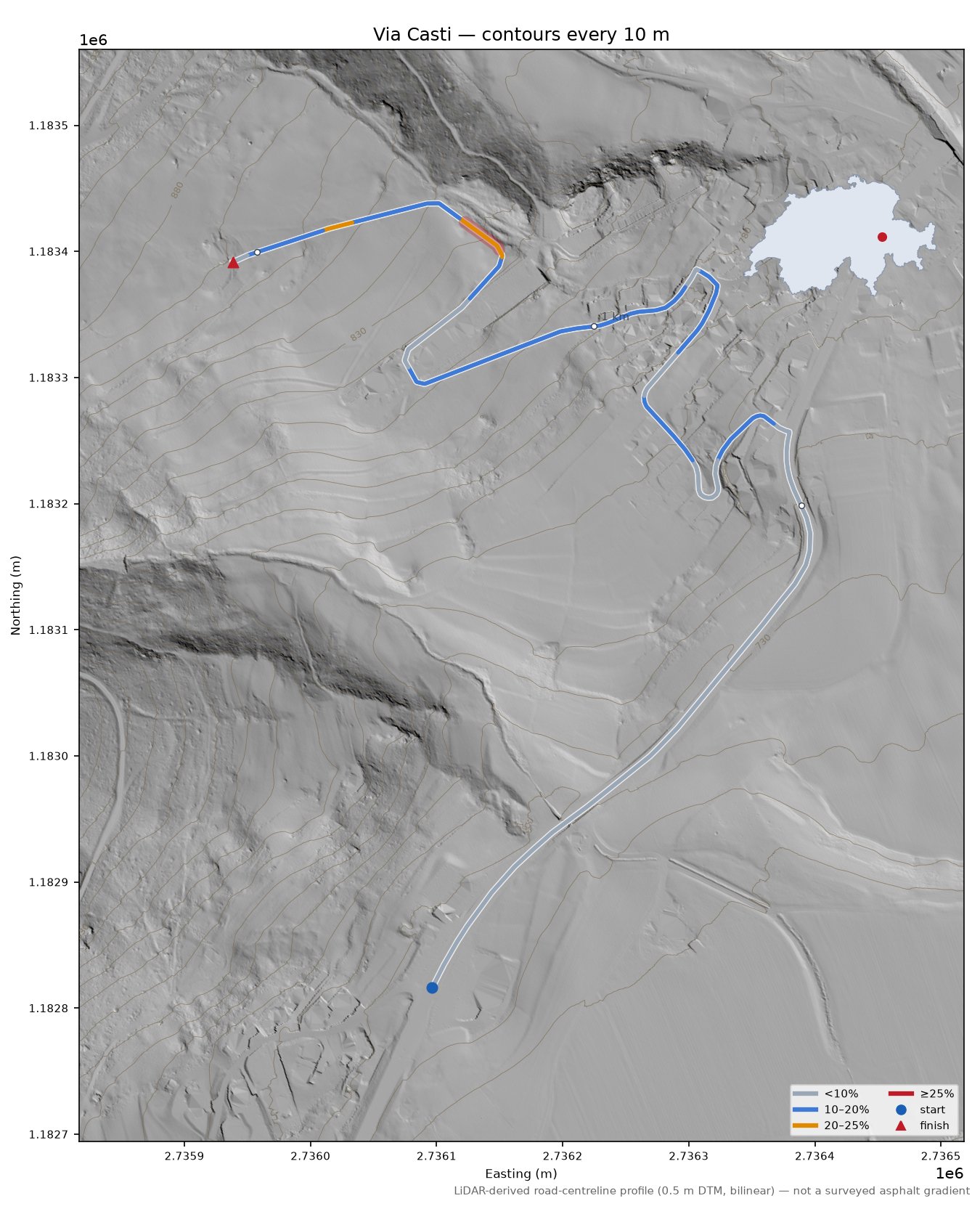 Via Casti LiDAR hillshade map with contours