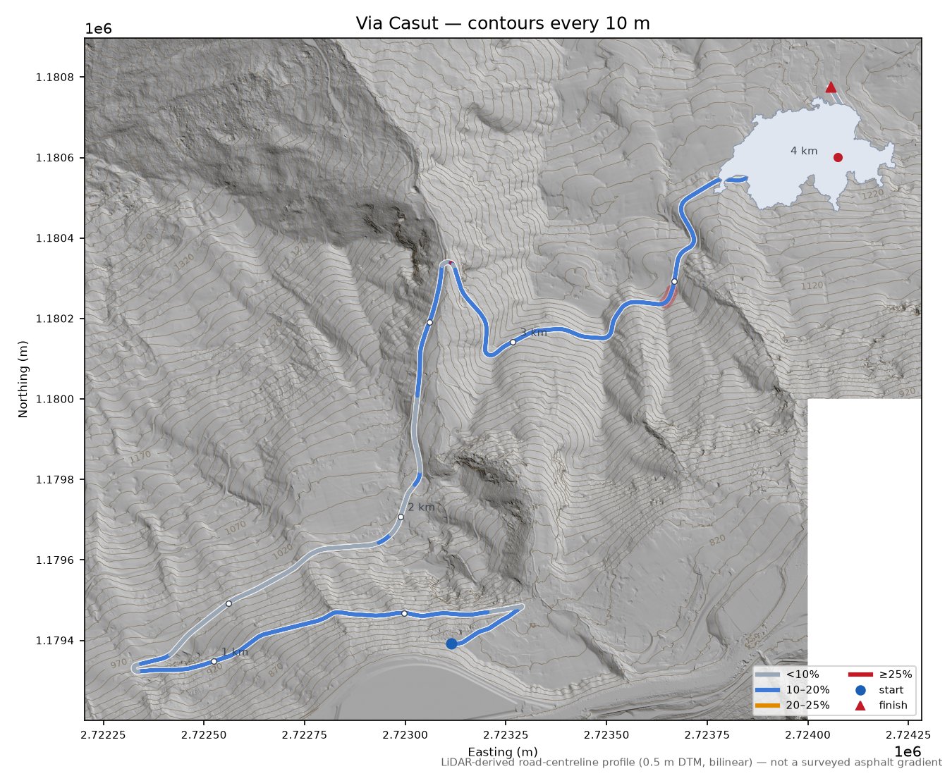 Via Casut LiDAR hillshade map with contours