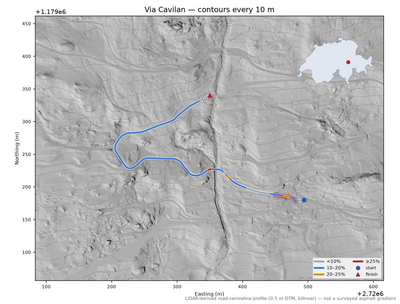 Via Cavilan LiDAR hillshade map with contours