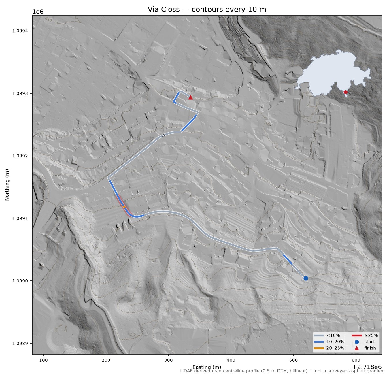Via Cioss LiDAR hillshade map with contours
