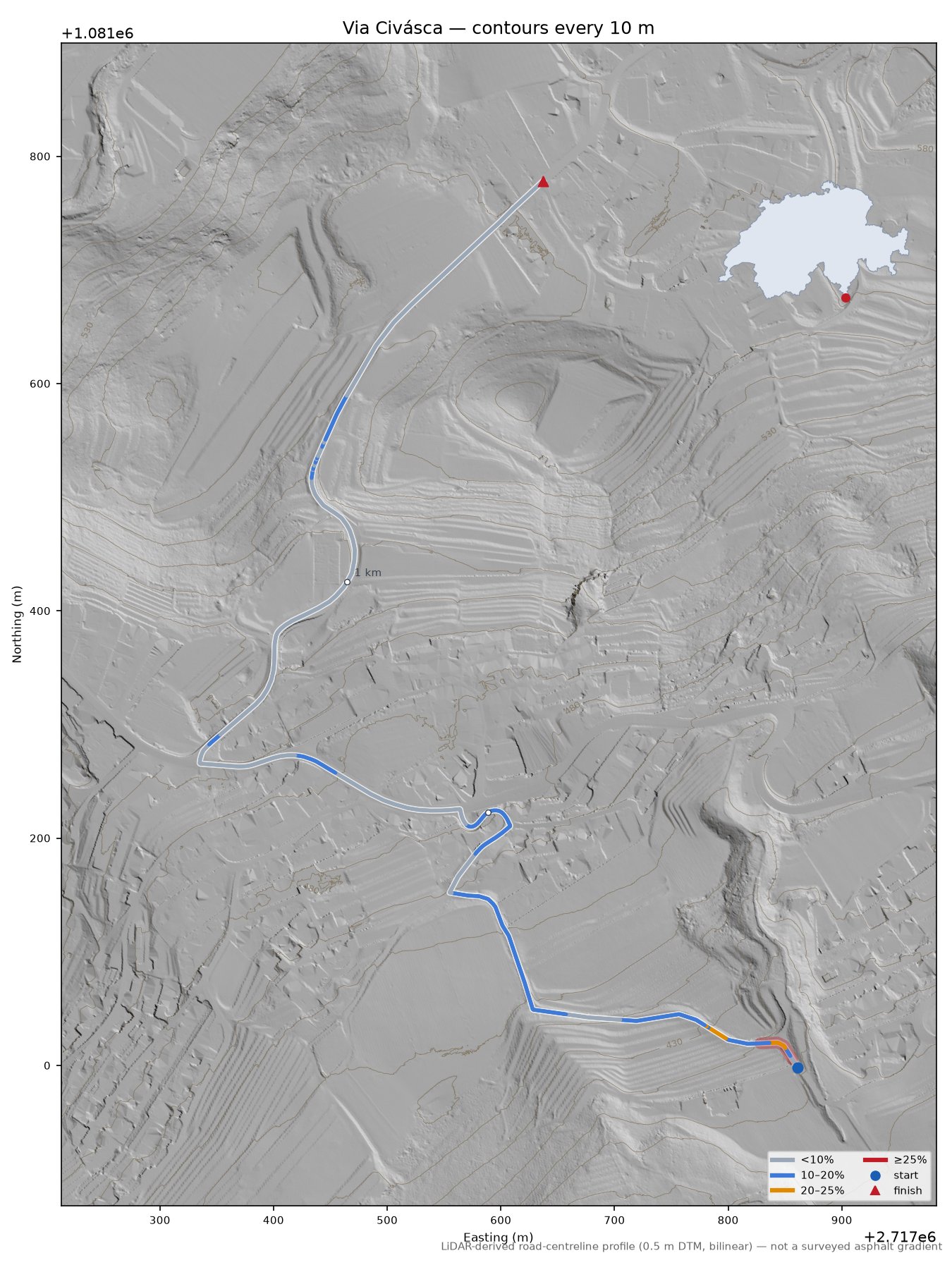 Via Civásca LiDAR hillshade map with contours