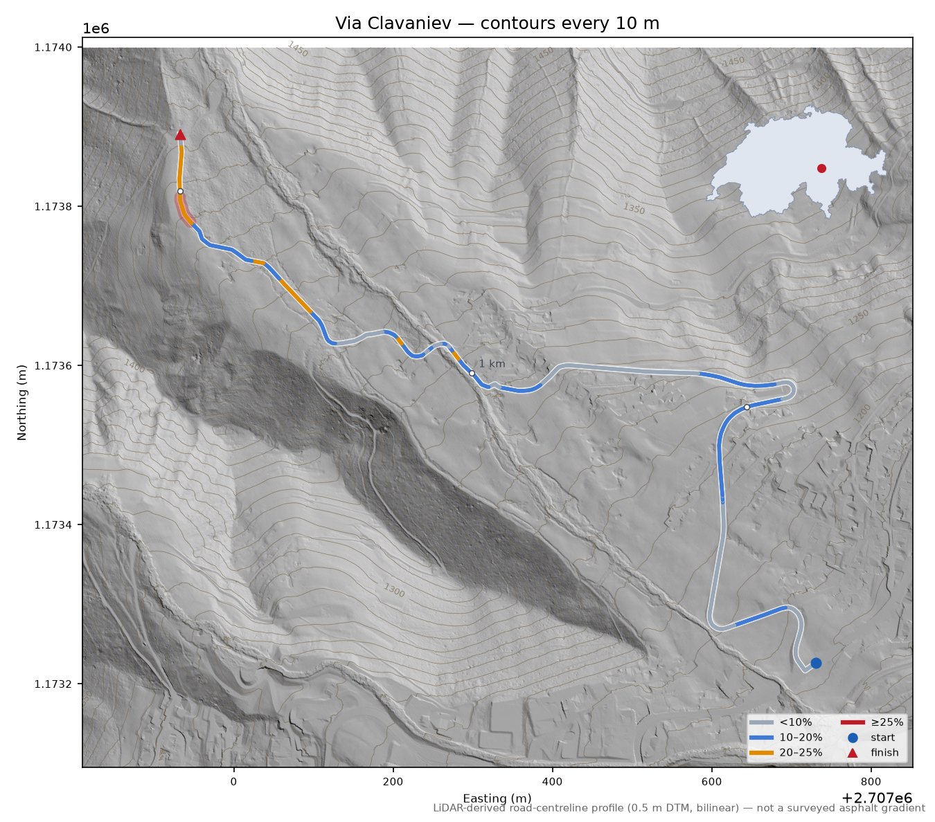 Via Clavaniev LiDAR hillshade map with contours