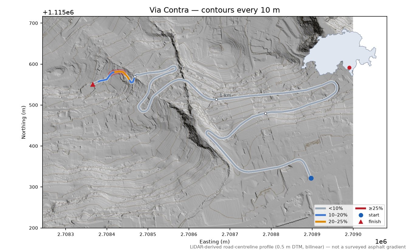 Via Contra LiDAR hillshade map with contours